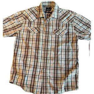 MARC ECKO Short Sleeve Button Snap Plaid Shirt Size L 100% Cotton